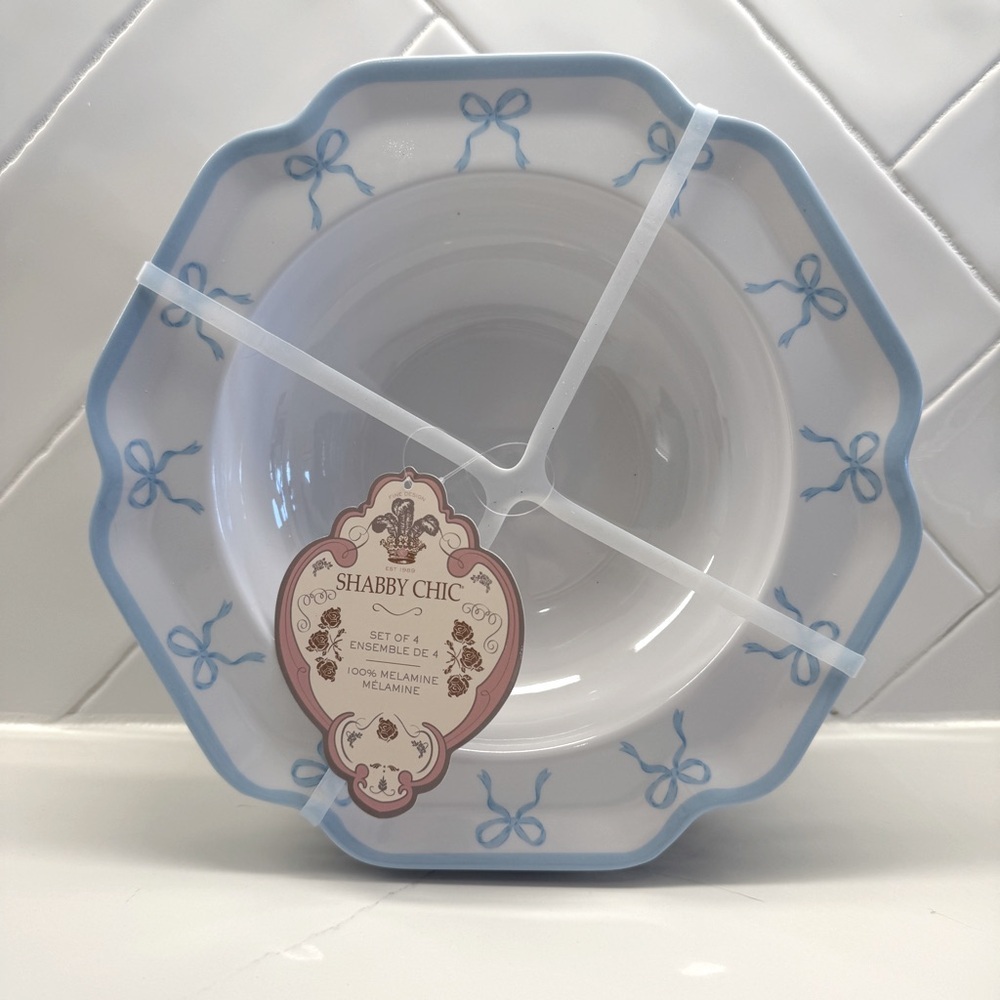 Shabby Chic Blue Coquette Bow Melamine Bowl Set of 4 Scalloped Edge VTG Style